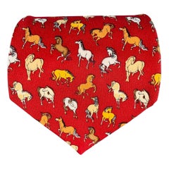 SALVATORE FERRAGAMO Red Orange Yellow Horses Silk Tie