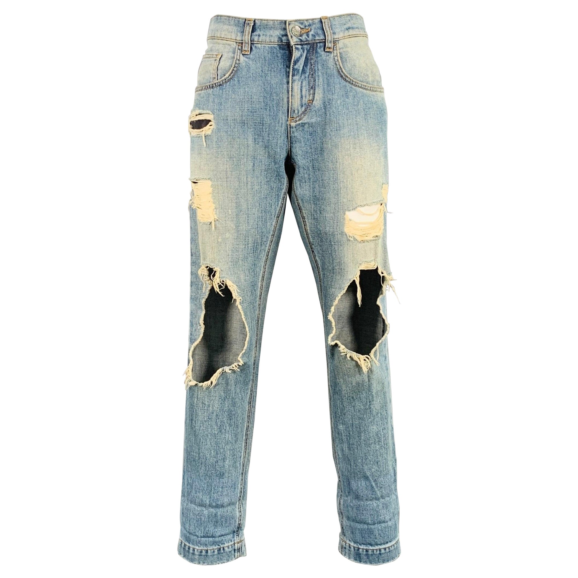 DOLCE & GABBANA Size 4 Blue Cotton Distressed Boyfriend Jeans For Sale