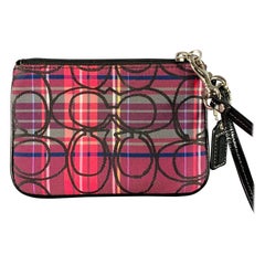 COACH Burgundy Black Plaid Patent Leather Fabric Wristlet