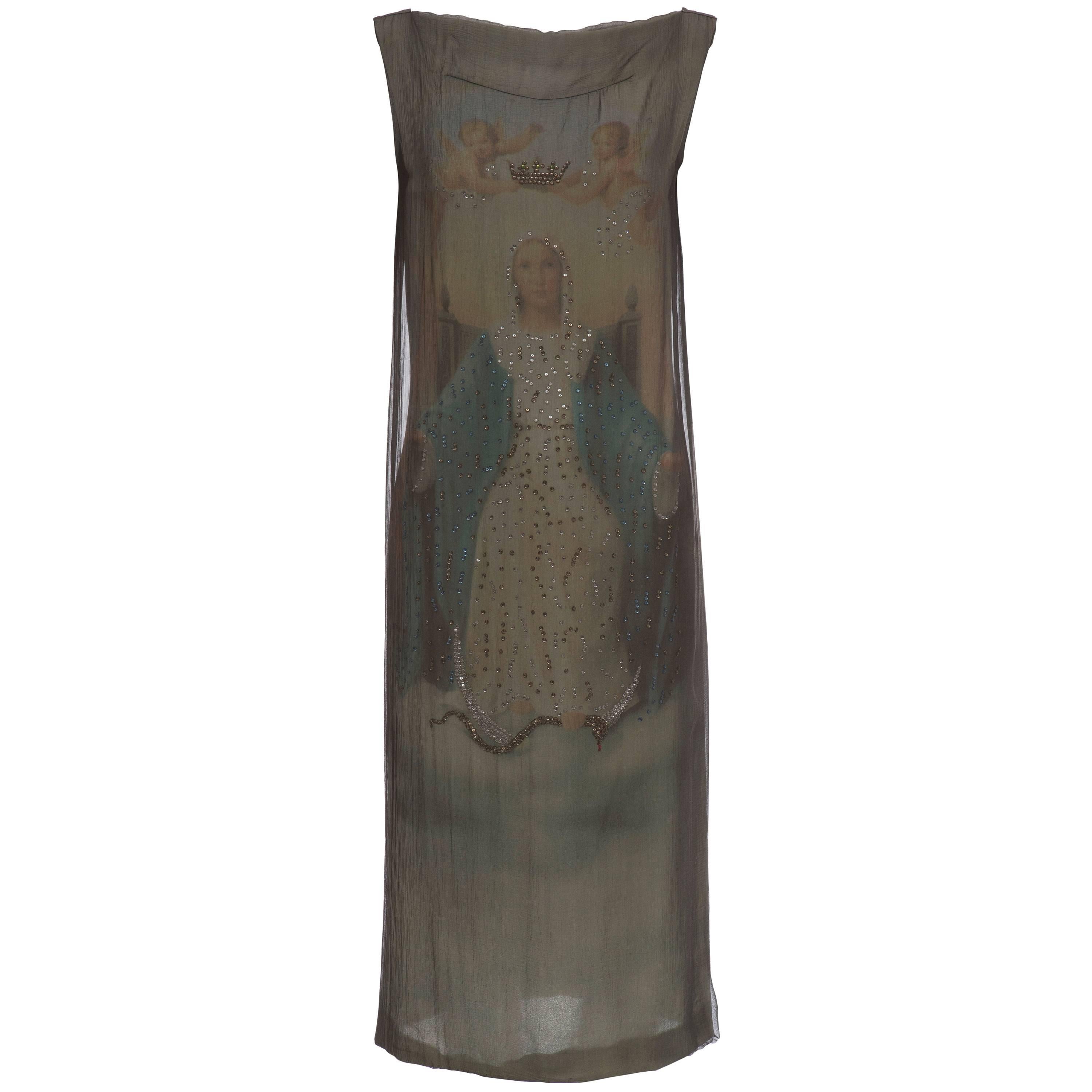 Dolce & Gabbana Runway Virgin Mary Silk Chiffon Print Dress, Spring 1998 For Sale