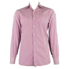 ISAIA Size XL Purple White Stripe Cotton Long Sleeve Shirt