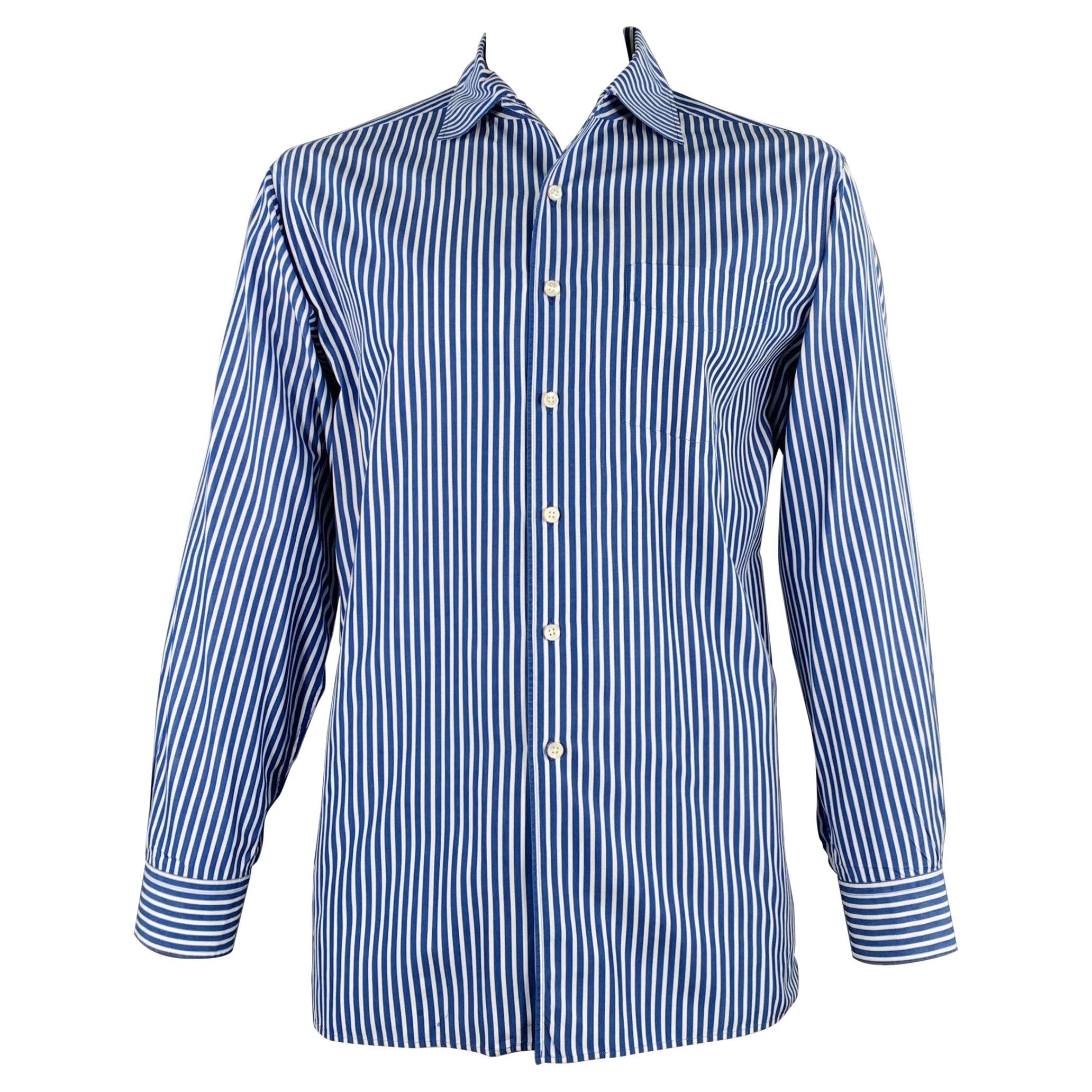 RALPH LAUREN Size XL Blue White Stripe Cotton One Pocket Long Sleeve Shirt For Sale