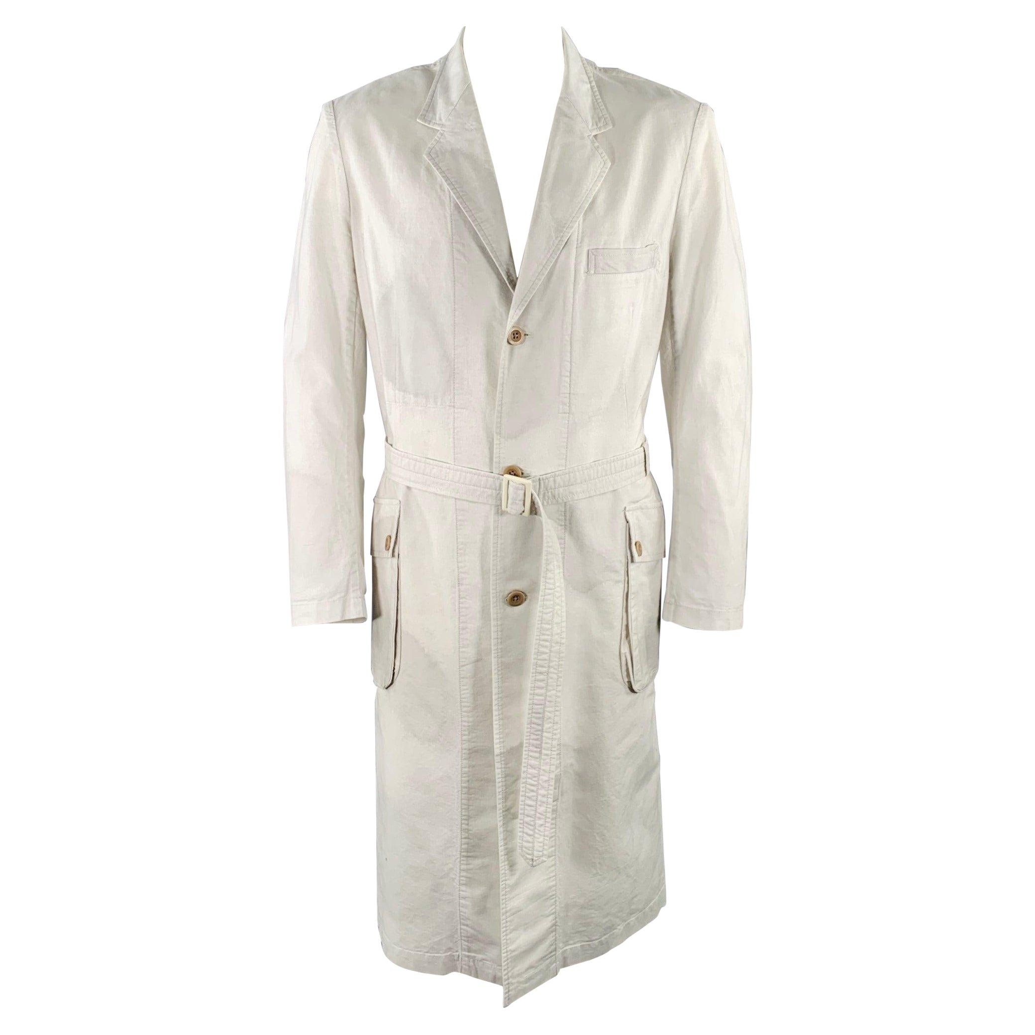 YOHJI YAMAMOTO Size XL Light Grey Cotton Belted Coat For Sale