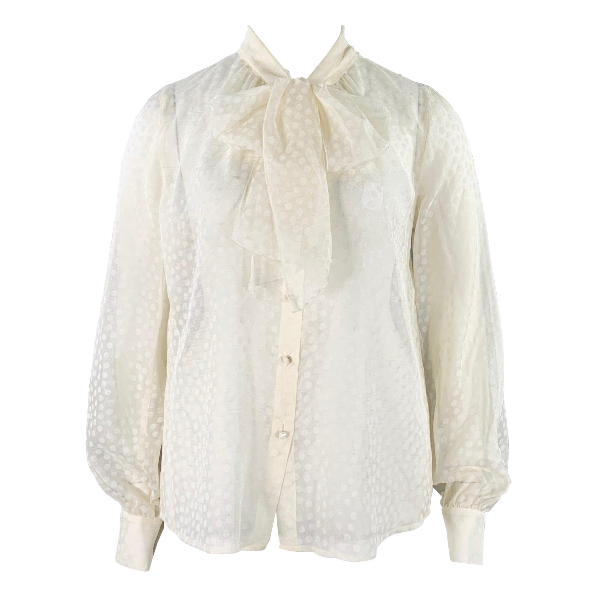 ESCADA Size 12 Beige Silk Dots Bow Blouse