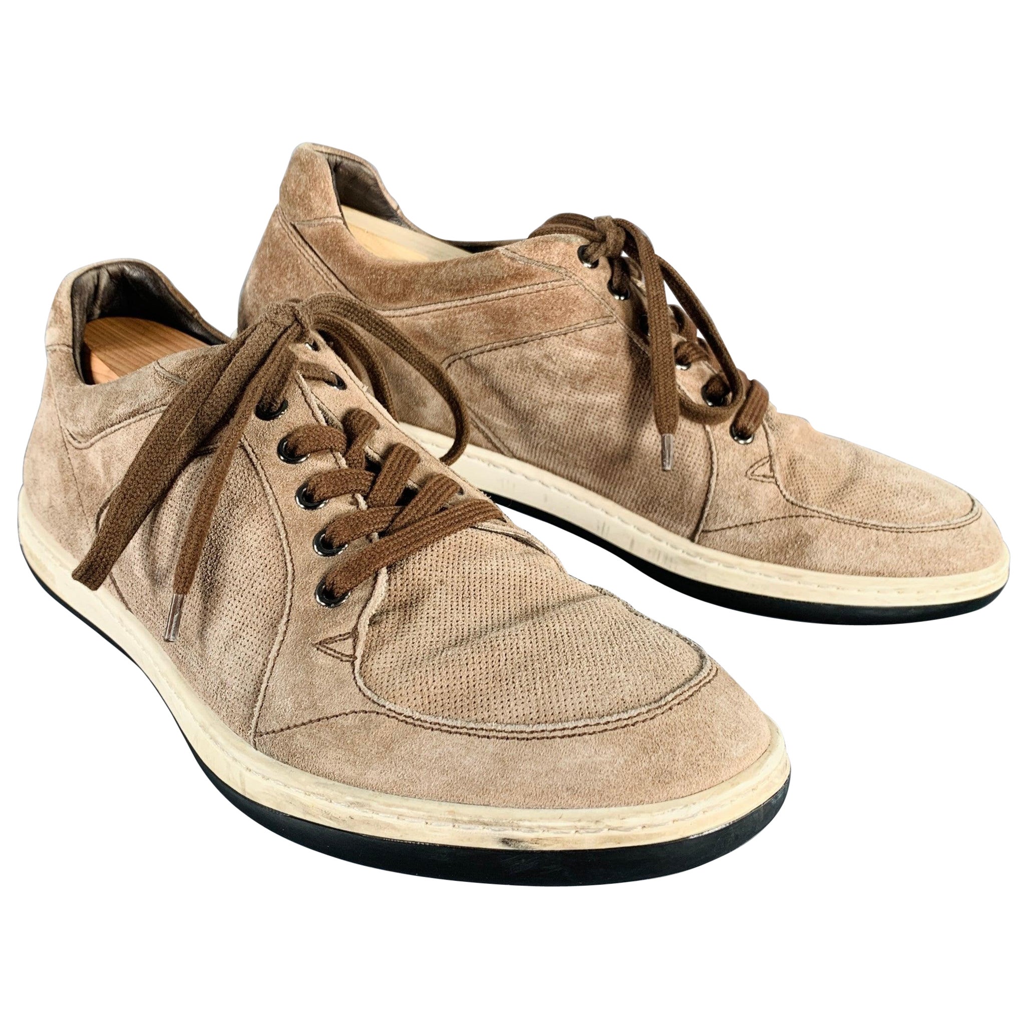 GIORGIO ARMANI Size 10 Brown Taupe Suede Low Top Sneakers For Sale