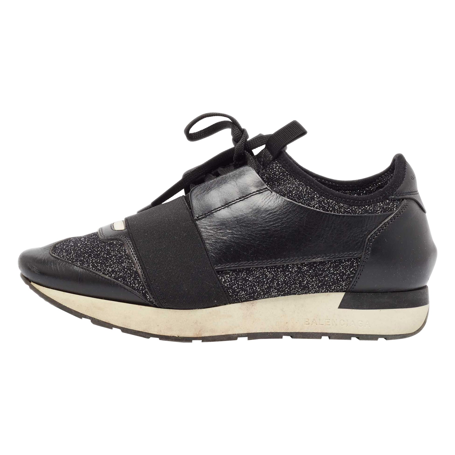 Balenciaga Black Fabric and Leather Race Runner Lace Up Sneakers Size 38 For Sale
