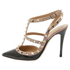 Valentino Black/Pink Patent Leather Rockstud Strappy Pointed Toe Pumps 38.5