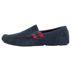Gucci Navy Blue Suede Web Detail Loafers Size 42