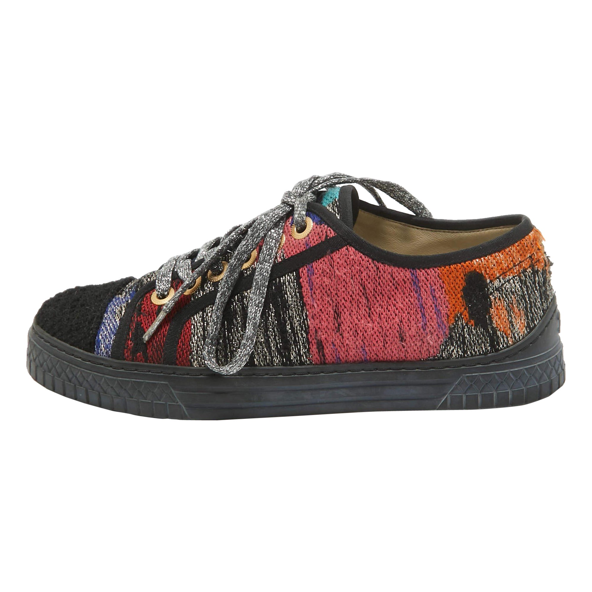 Chanel Multicolor Canvas and Tweed Lace Up Sneakers Size 37 For Sale