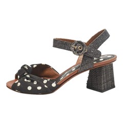 Dolce Gabbana Black Polka Dot Knotted Fabric Raffia Ankle Strap Sandals Size 38