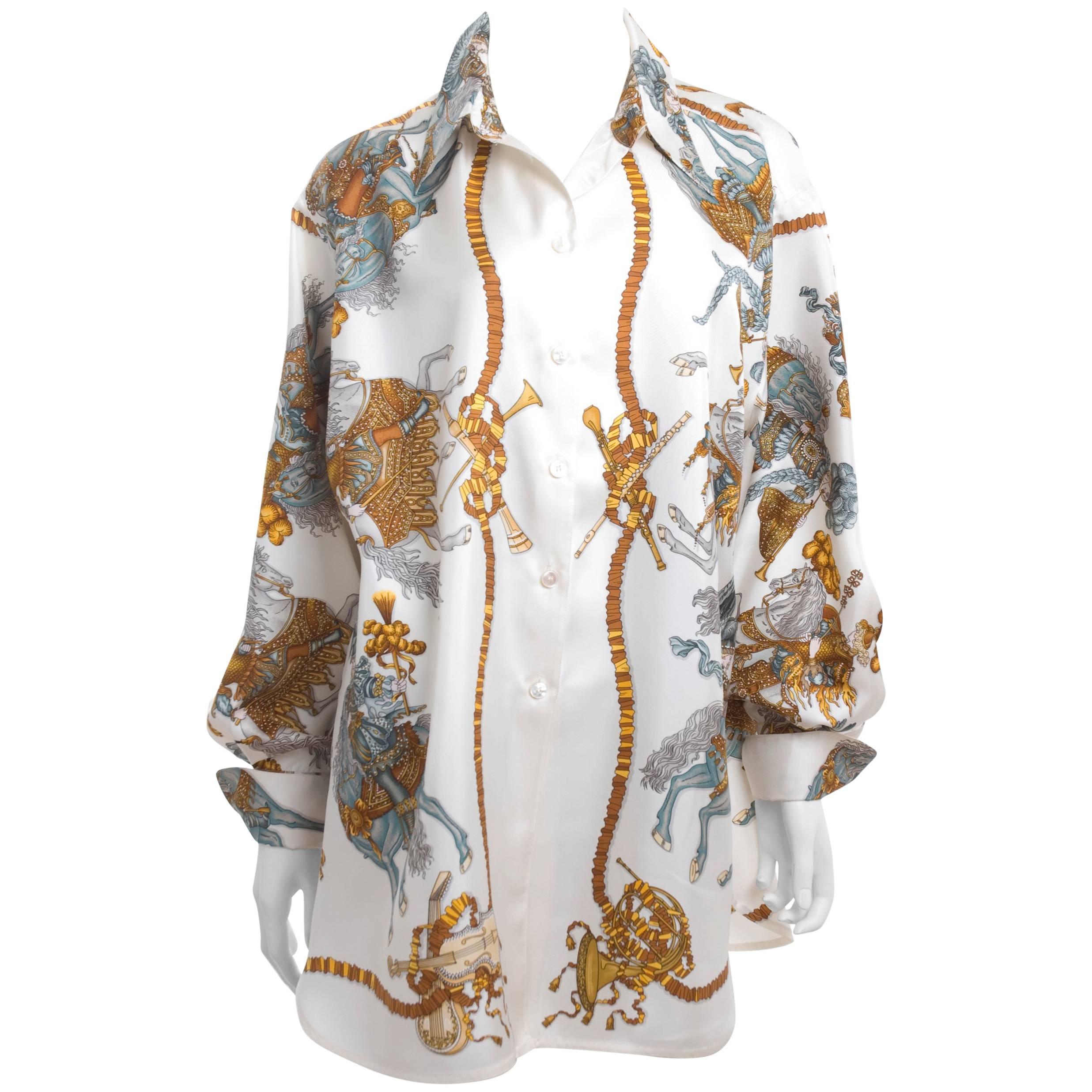 90's Hermes Silk Blouse "LES FETES DU ROI SOLEIL"Motive size XL For Sale