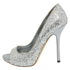 Miu Miu Silver Glitter and Leather Peep Toe Platform Pumps Size 41