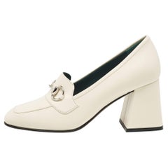 Gucci White Leather Horsebit Block Heel Pumps Size 38.5