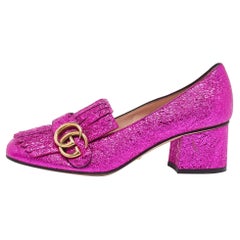 Gucci Pink Crinkled Leather GG Marmont Block Heel Pumps Size 37