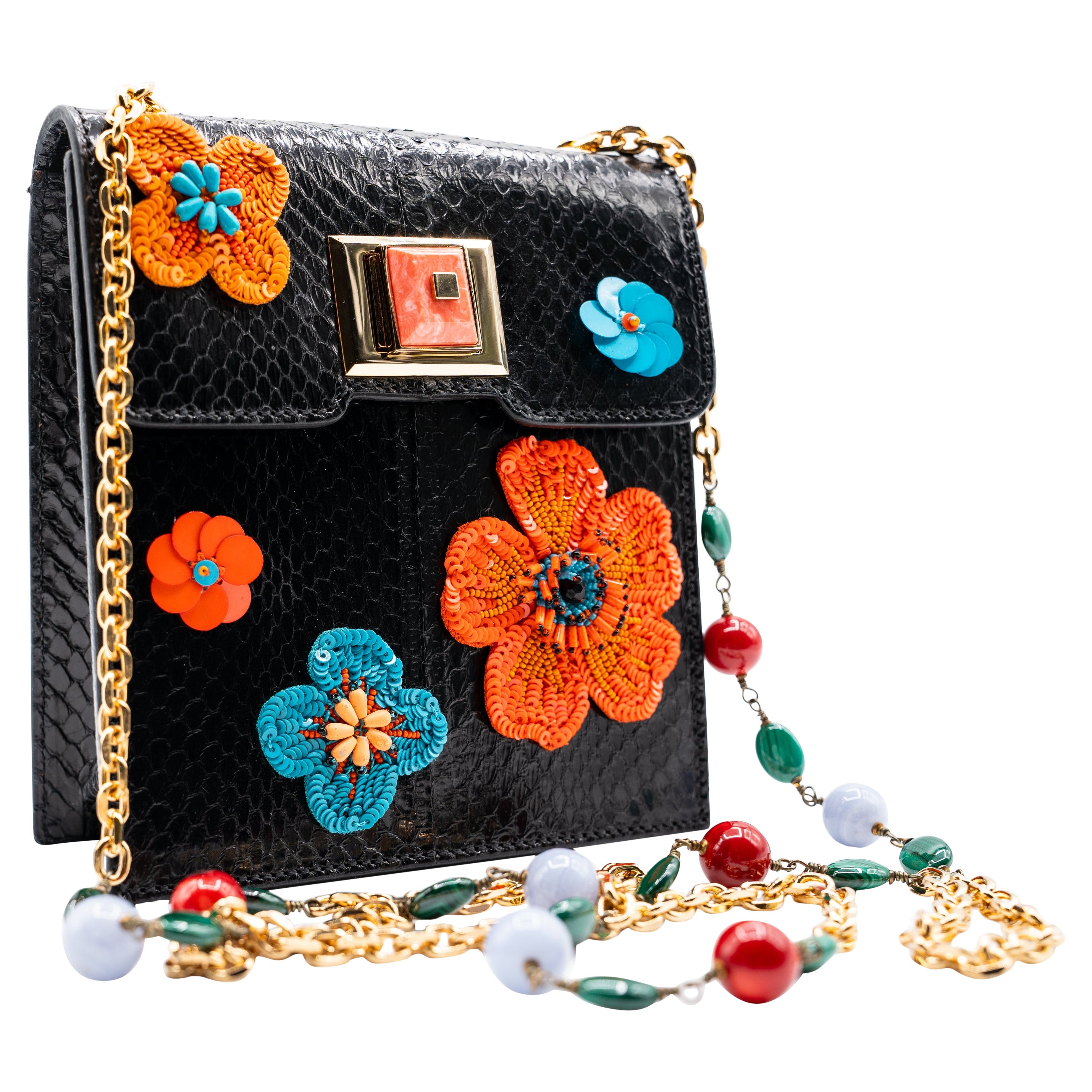 Andrew Gn Black Snakeskin Pocket Bag Beaded Appliqués & Semi-Precious Stones For Sale