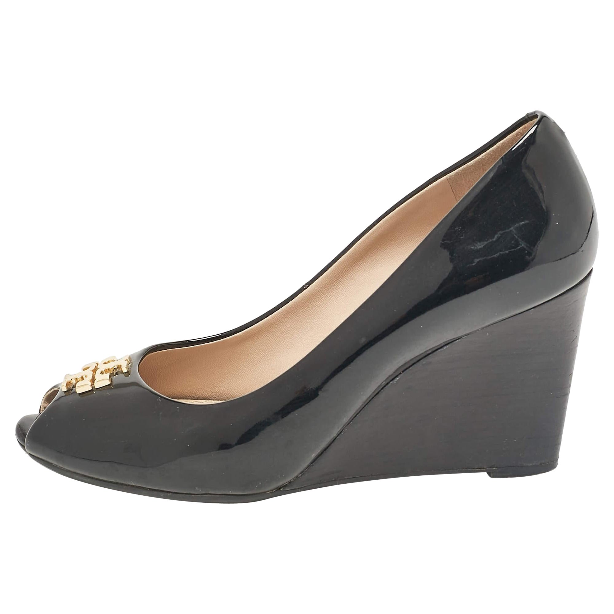 Tory Burch Black Patent Leather Jade Wedge Pumps Size 36.5 For Sale