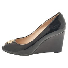 Tory Burch Black Patent Leather Jade Wedge Pumps Size 36.5