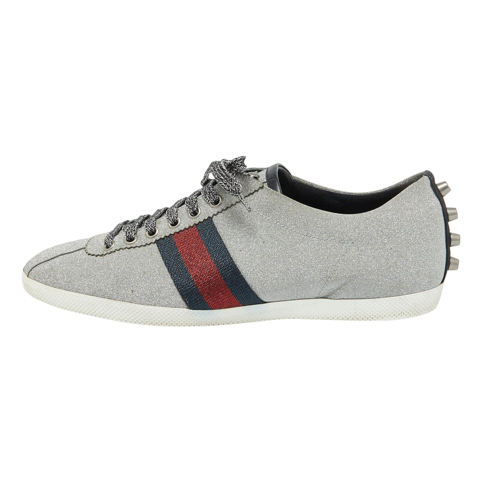 Gucci Metallic Silver Glitter Bambi Web Detail Studded Low Top Sneakers Size 43