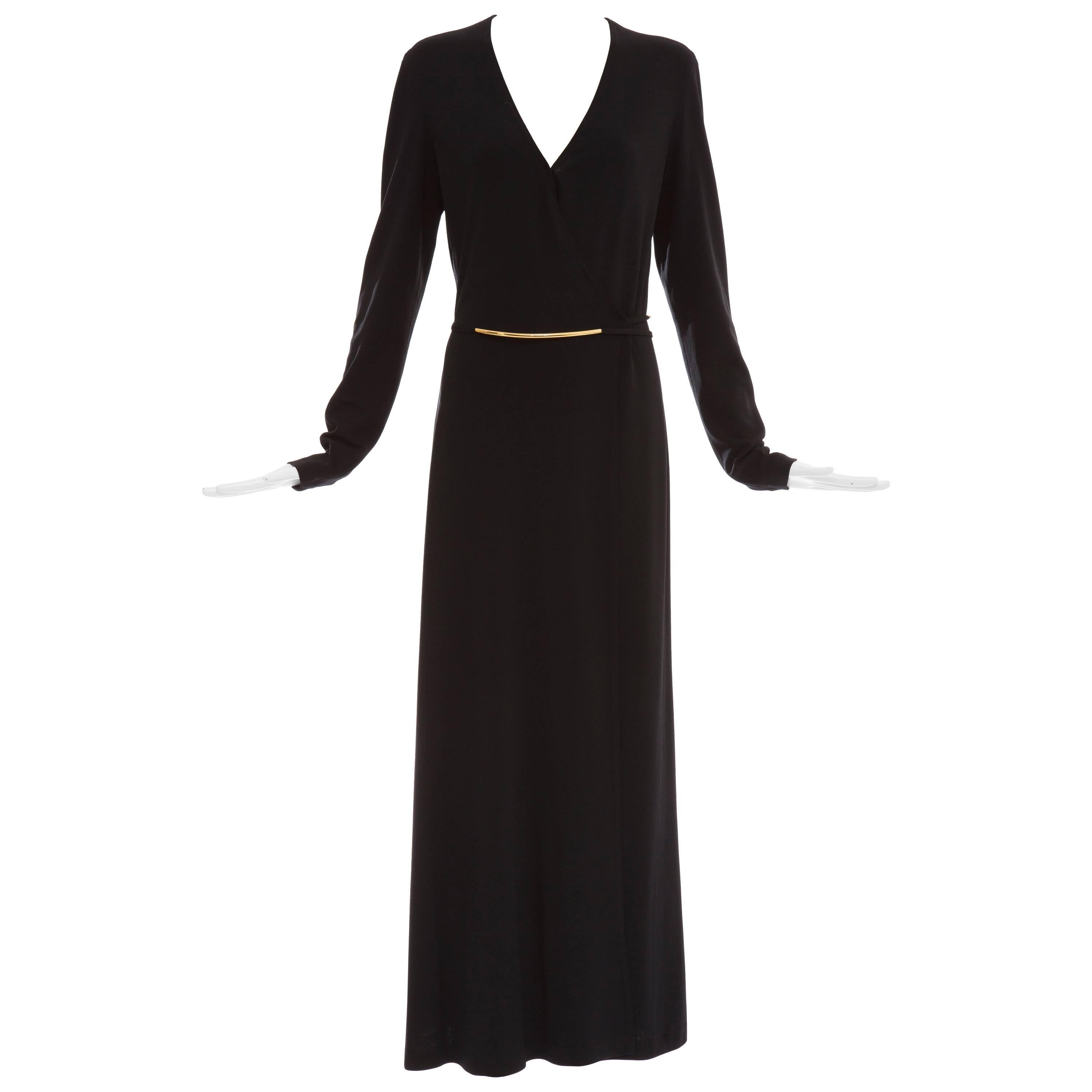 Donna Karan Black Stretch Jersey Long Sleeve Wrap Dress, Circa 1990's For Sale