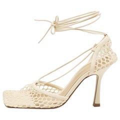 Bottega Veneta Cream Leather and Mesh Stretch Ankle Strap Sandals Size 37.5