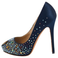 Alexander McQueen Navy Blue Satin Crystal Embellished Peep Toe Pumps Size 36