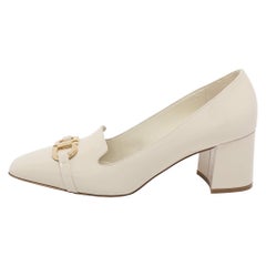 Salvatore Ferragamo Cream Patent Leather Gancini Block Heel Pumps Size 41.5