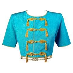 1993 Yves Saint Laurent Documented Turquoise Moire Gold Silk Tassel Beads Jacket 1