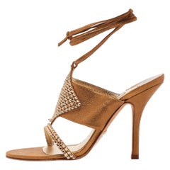Gina Gold Textured Suede Crystal Embellished Ankle Tie Sandals Size 39