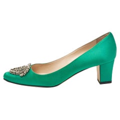 Manolo Blahnik Green Satin Okkaava Crystal Embellished Pumps Size 37.5
