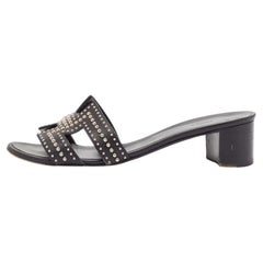 Hermes Black Leather Studded Oasis Slide Sandals Size 40