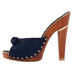 Jimmy Choo Navy Blue Suede Bow Platform Slide Sandals Size 36