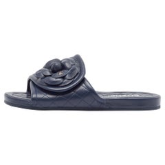 Chanel Navy Blue Leather Flower Flat Slides Size 37