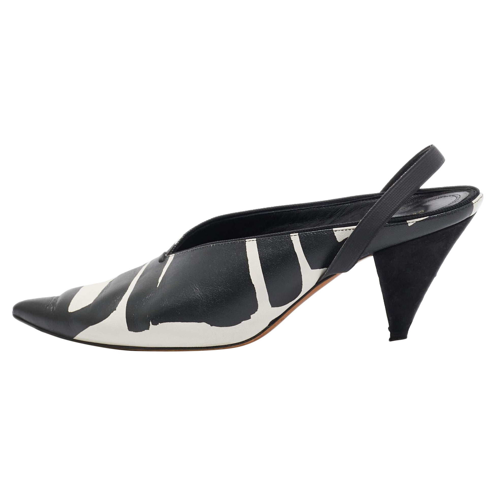 Celine Black/White Leather Pointed Toe Slingback Pumps Size 37.5 For Sale