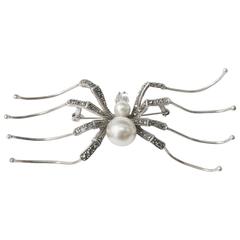 Mid Century Modern Large Spider Marcasite Faux Pearl Sterling Silver Brooch Pin