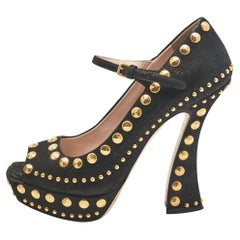Miu Miu Black Leather Studded Open Toe Platform Mary Jane Pumps Size 38.5