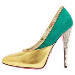 Gucci Gold/Green Suede and Leather Crystal Embellished Pumps Size 37