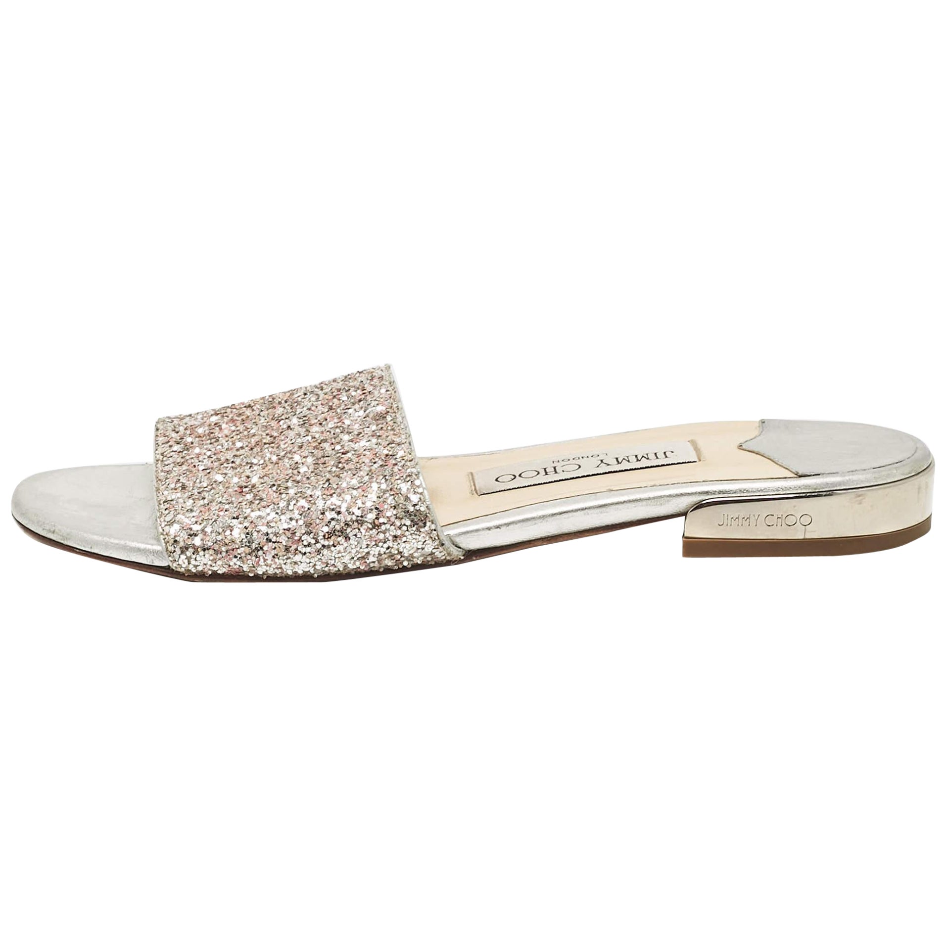 Jimmy Choo Silver/Pink Glitter Joni Flat Slides Size 36 For Sale