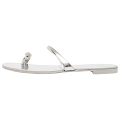 Giuseppe Zanotti Silver Leather Crystal Embellished Toe Ring Flats Size 38