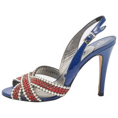 Gina Blue Patent Leather Crystal Embellished Slingback Sandals Size 37