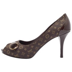 Louis Vuitton Brown Canvas and Patent Leather Peep Toe Pumps Size 38.5
