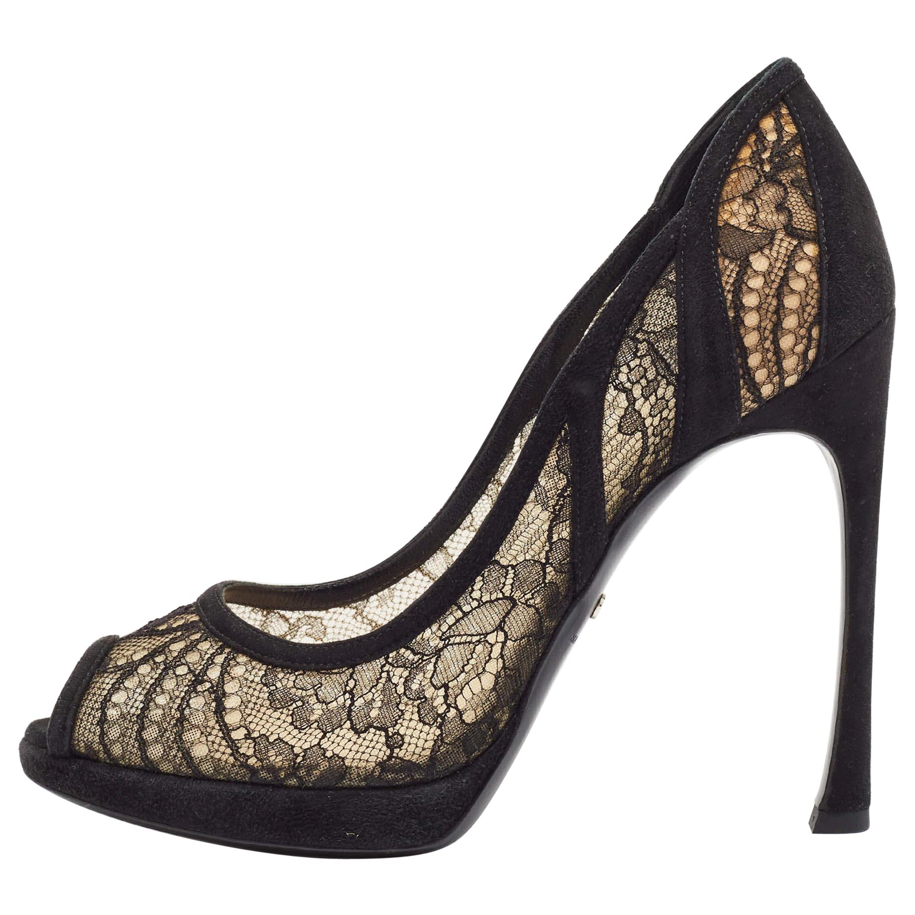 Dior Pumps in pizzo nero e camoscio Peep Toe Taglia 38.5