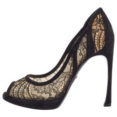 Dior Black Lace and Suede Peep Toe Pumps Size 38.5