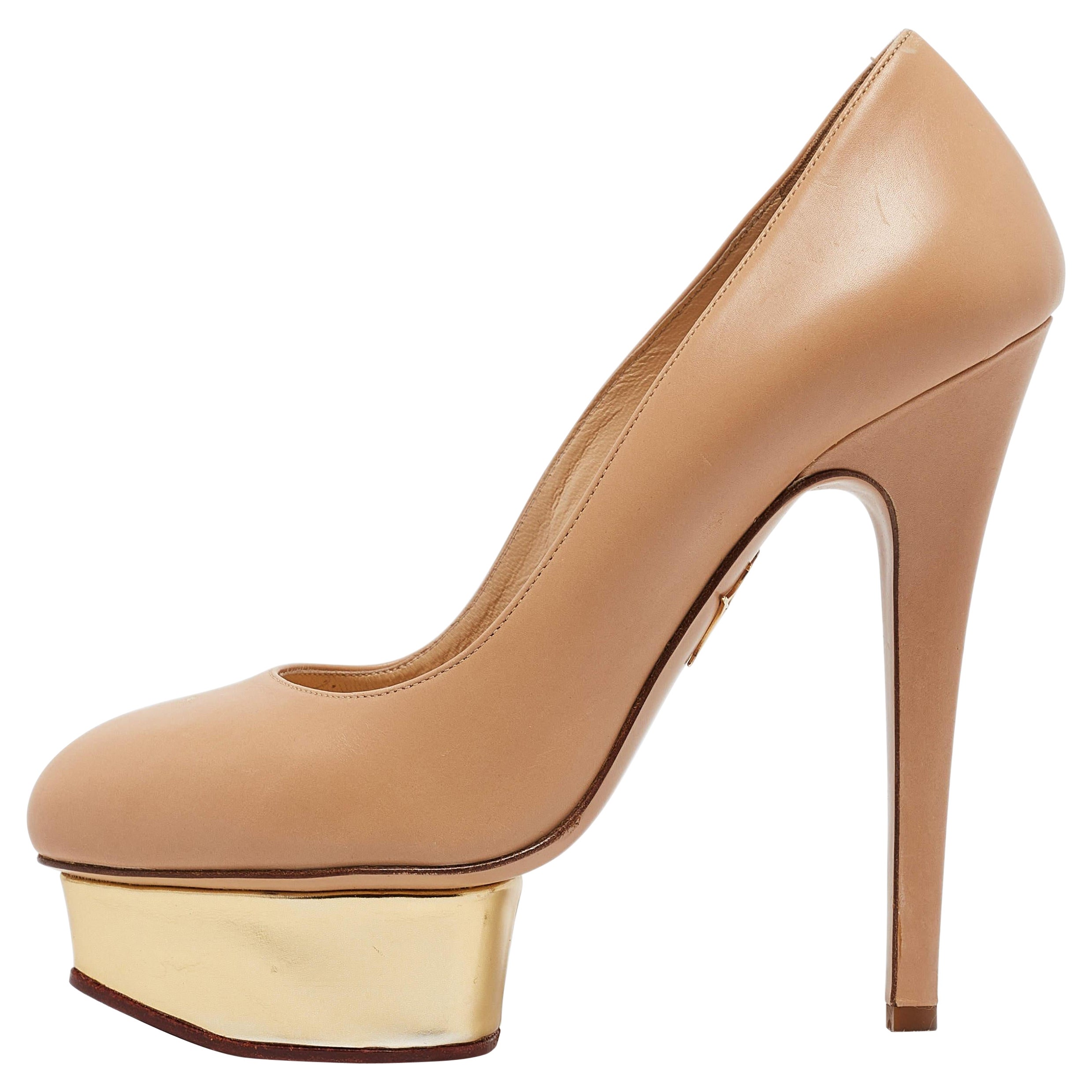 Charlotte Olympia Beige Leather Dolly Platform Pumps Size 37.5