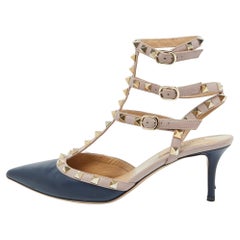 Valentino Blue/Pink Leather Rockstud Ankle Strap Sandals Size 38.5