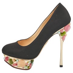 Charlotte Olympia Schwarze Satin Dolly Plateau Pumps Größe 37,5