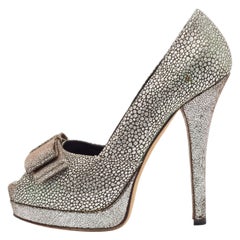Fendi Silber/Braun Brokat Stoff Schleife Peep Toe Plateau Pumps Größe 38.5