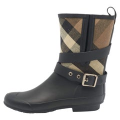 Burberry Beige/Black House Check Canvas and Rubber Rain Boots Size 37
