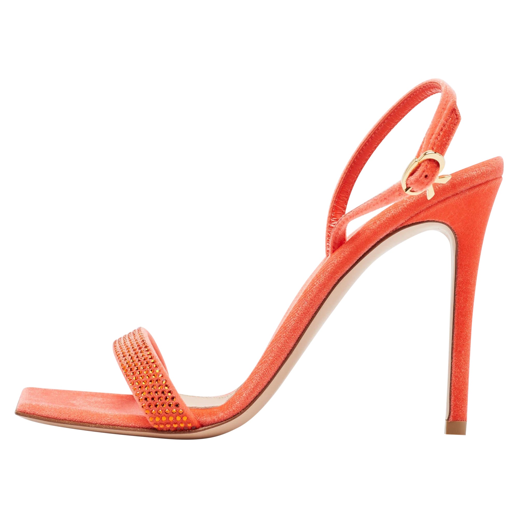 Gianvito Rossi Poppy Red Velvet Embellished Britney Sandals Size 38.5 For Sale