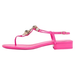 Chanel Pink Leather Embellished CC Thong Sandals Size 40