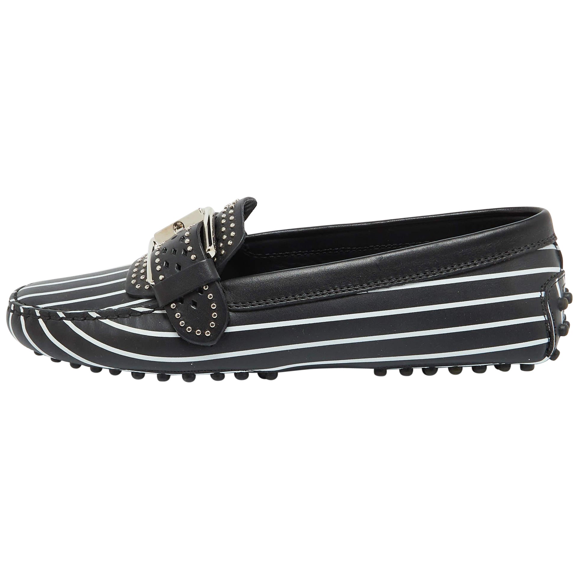 Tod's Black/White Striped Leather Embellished Slip On Loafers Size 37 For Sale